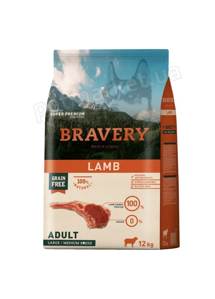 Lamb Large/Medium сухий корм для собак cередніх та великих порід з ягням Bravery (372159147)