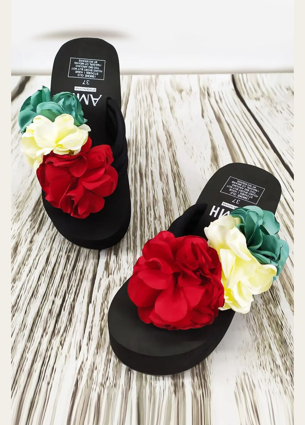 Черные вьетнамки женские черного цвета с цветочным принтом Let's Shop