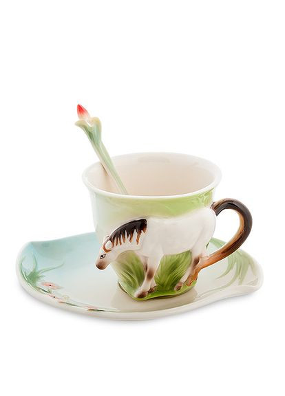 Чайный набор с ложкой Конь 150 мл 1105928 фарфор Pavone (346529010)