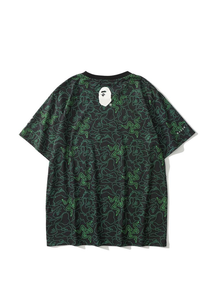 Зеленая футболка чёрно-зелёная Bape A Bathing Ape x Razer A Bathing Ape Neon Camo Team Tee Mens