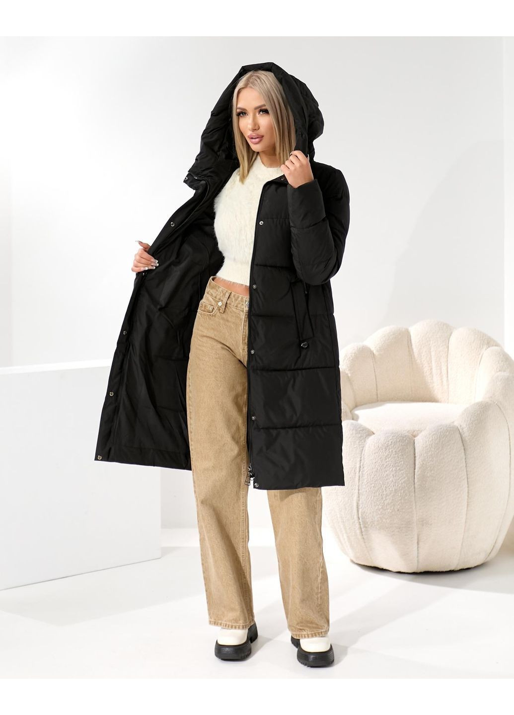 Чорне зимнє Стильне тепле пальто No Brand