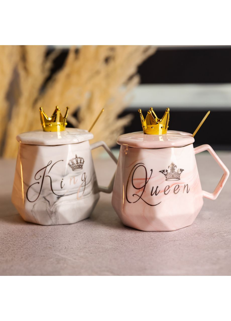 Набор парных фарфоровых чашек Queen&King 2 (шт) по 400 (мл) чашки на подарок с крышкой и ложкой FM-30 Yiwu (369626283)