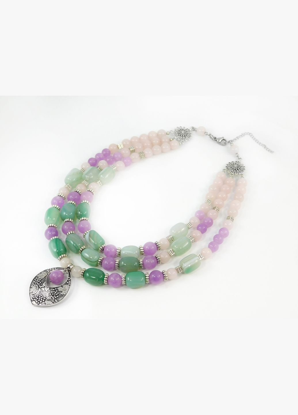 Эксклюзивные бусы "Весенний ирис" Кварц, Агат бочка, 3-ряды Fursa fashion (322315061)