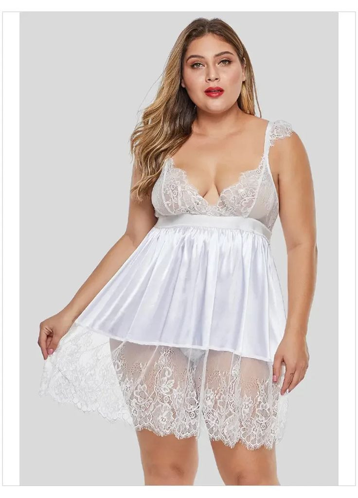 Шикарный пеньюар из мягкого кружева для пышных форм для сна. Кружевной пеньюар на бретелях со стрингами China (360865576)