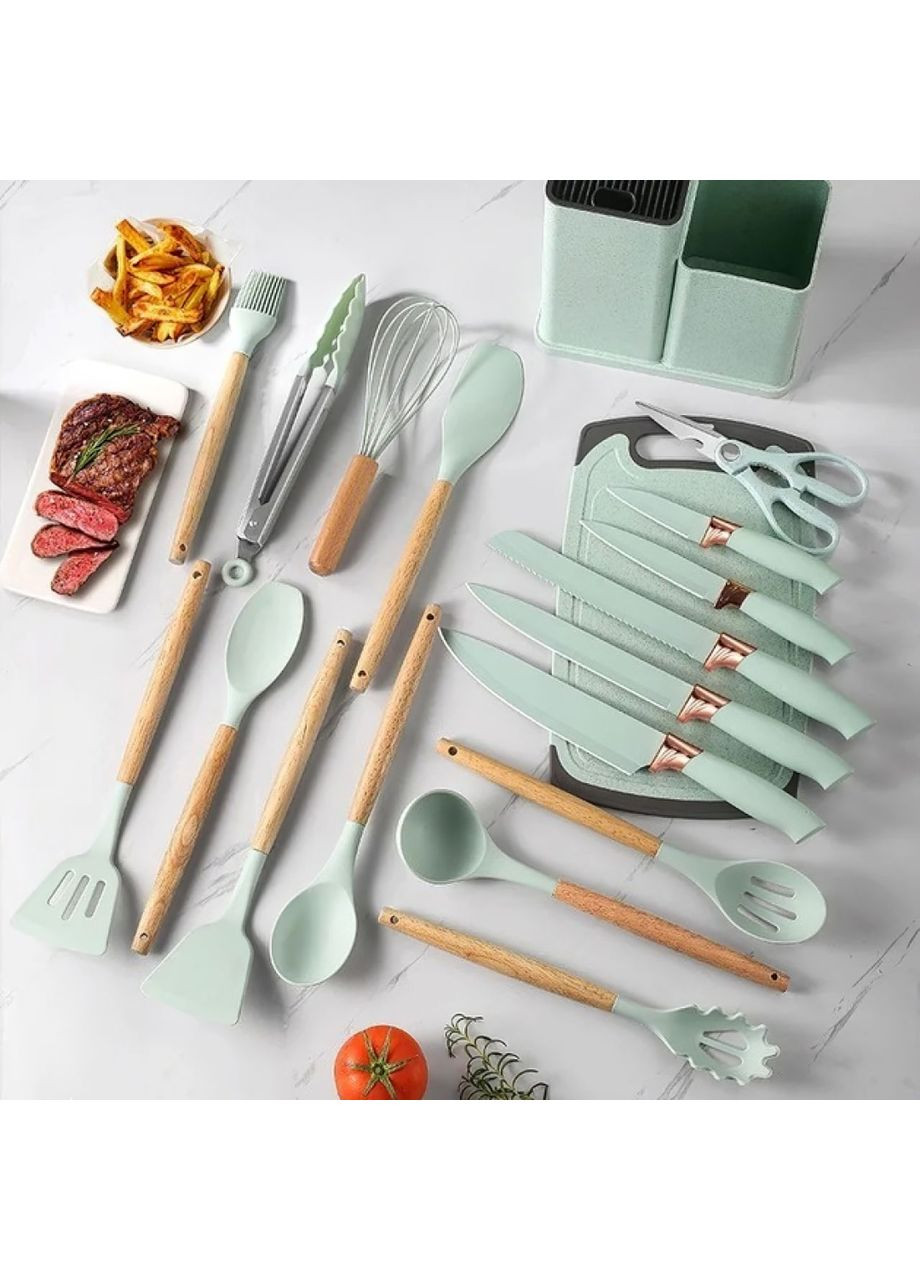 Набор кухонных принадлежностей 19 в 1 универсальный настольный 19 предметов разделочная доска, ножи, ножницы, лопатки, венчики Home (361161944)