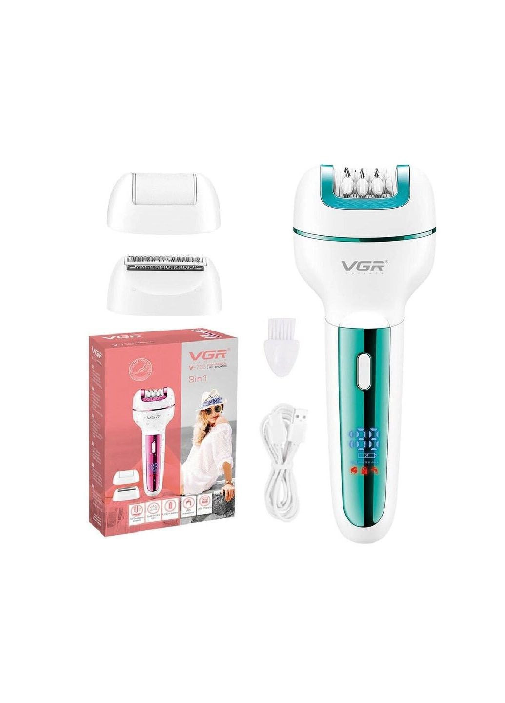 Беспроводной женский эпилятор 3в1 аккумуляторный V-732 для ног и зоны бикини с подсветкой и дисплеем. VGR (299013524)