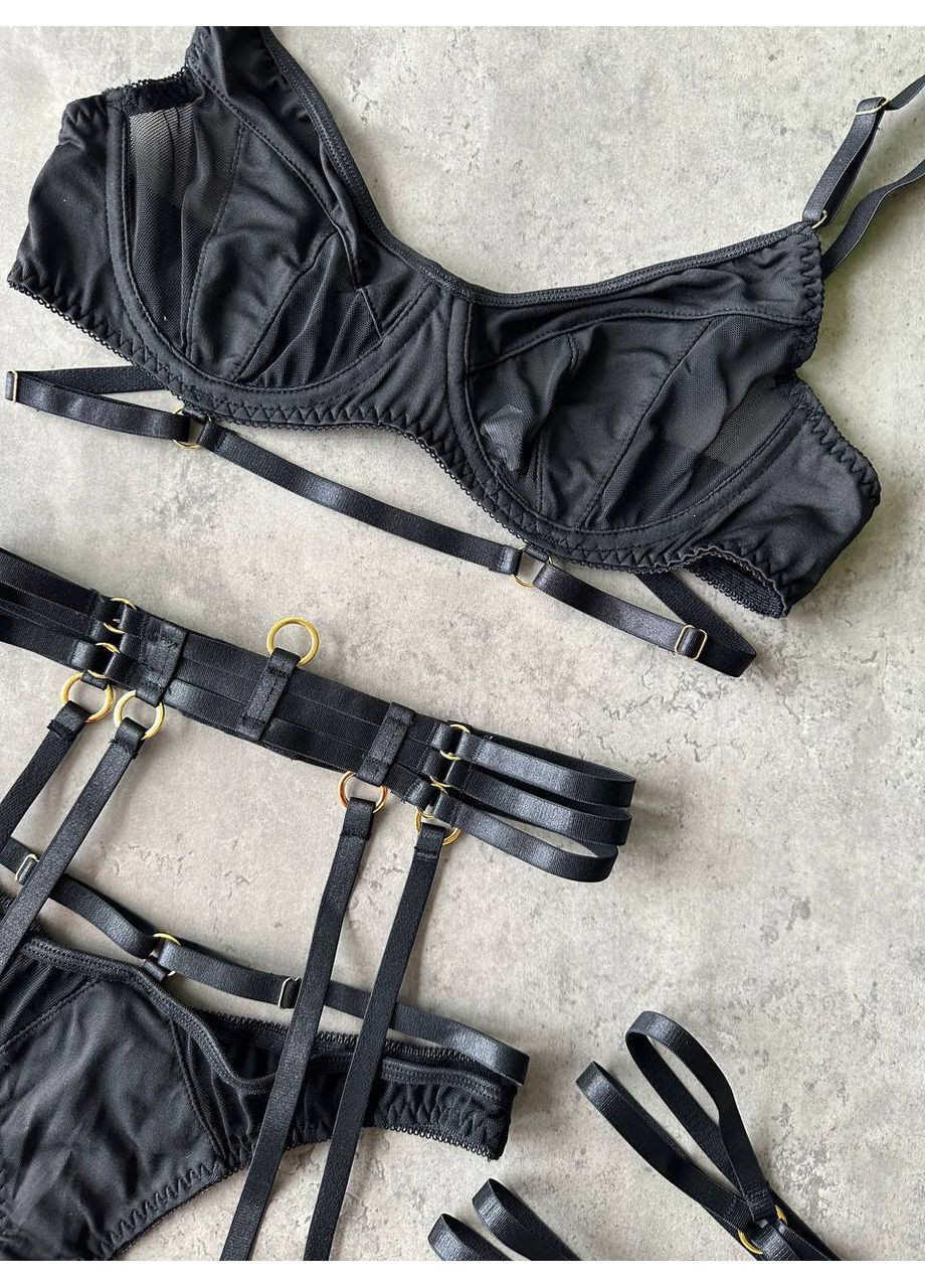 Чорний балконет комплект жіночої білизни | приваблюючий з поясом та гартерами, чорний Vital-Textile з кісточками поліестер, еластан
