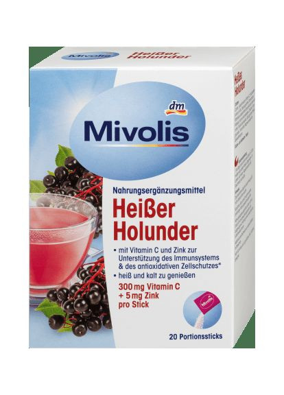Чай з бузиною для імунітету з вітаміном С та цинком Heißgetränk, Heißer Holunder (20 Sticks), 100 g Mivolis (366569419)