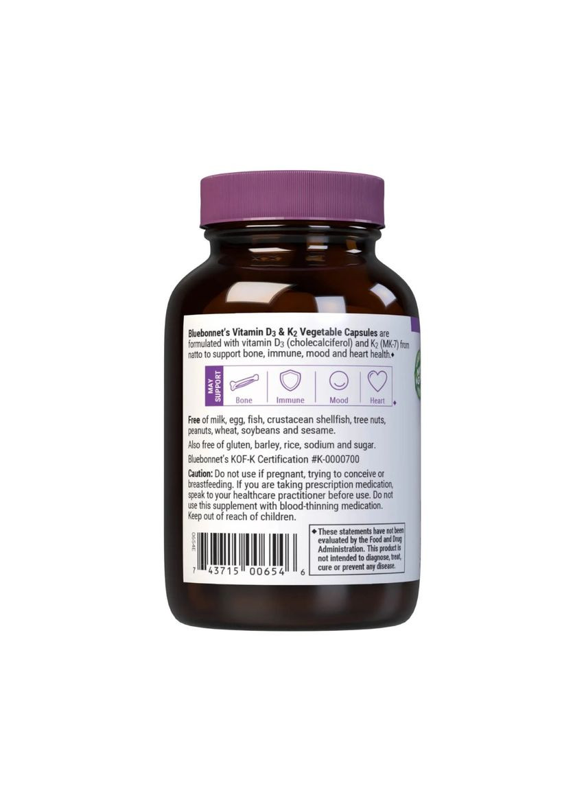 Витамины D3 и K2, Vitamins D3 & K2,, 60 вегетарианских капсул Bluebonnet Nutrition (333721655)