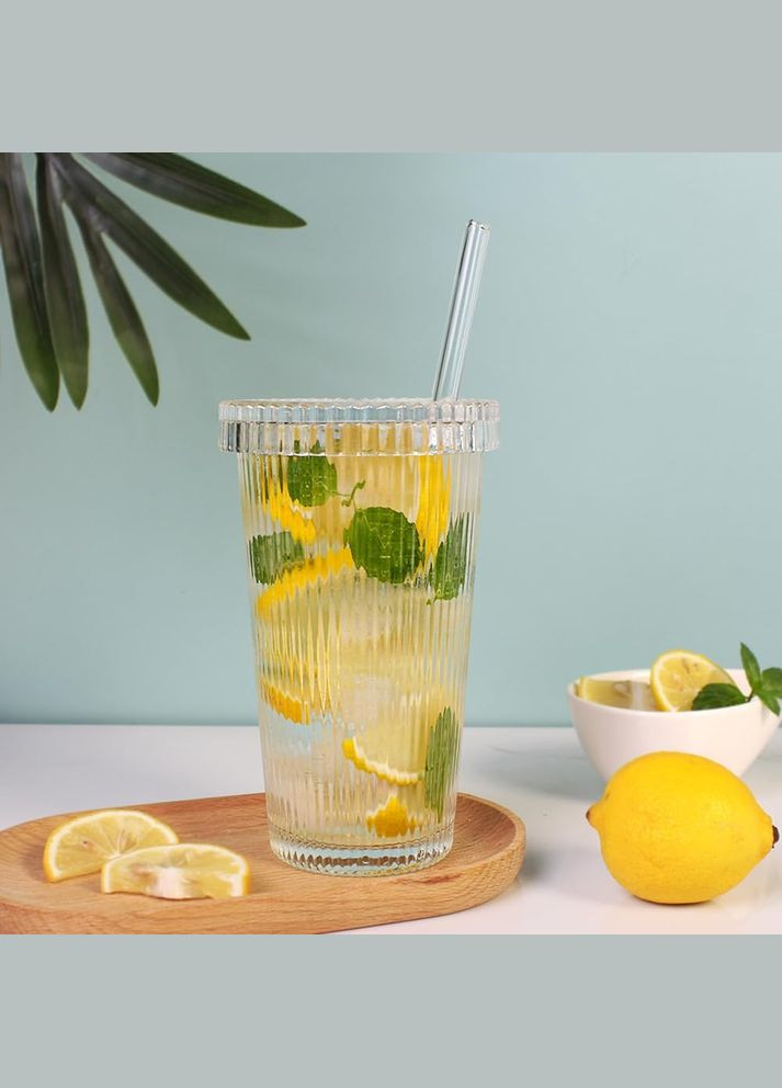 Склянка з ребристого скла з кришкою і трубочкою для коктейлів, айс кави - Vintage 375 мл More (300522971)