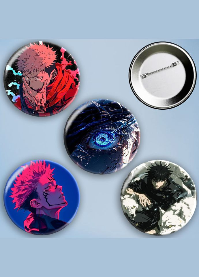 Значки на булавці набір 4 шт Аніме Магічна битва металеві на шпильці 56 мм No Brand (303108123)