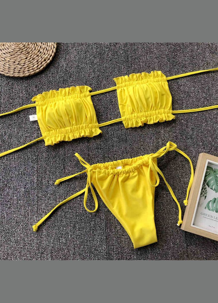 Жовтий літній жіночий роздільний купальник шторка на зав'язках леопардовий No Brand