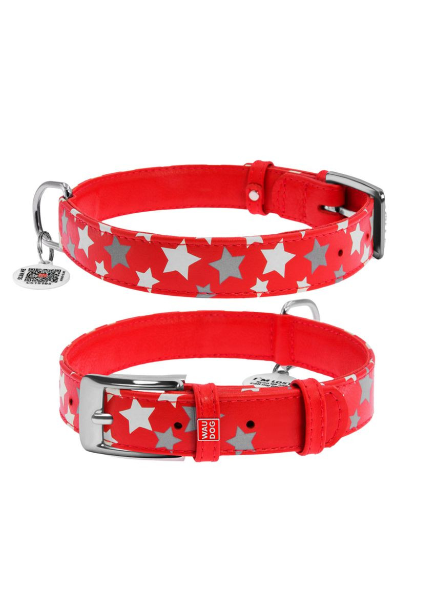 Ошейник кожаный Glamour с QR тегом, "Звёздочка", светоотражающий,, Ш 20 мм, Дл 30-39 см WAUDOG (323159770)
