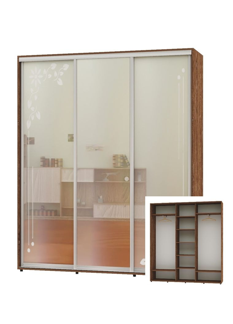 Шафа-купе тридверна 210*45*220 Дуб вінтаж 2 Дзеркала з піскострумним малюнком/Дзеркало ШК-04 Алекса (360477361)