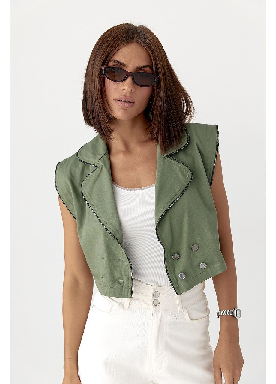 Короткий жилет котоновий прикрашений блискавками - зелений колір Lurex (353306184)