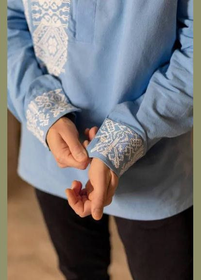 Голубая мужская хлопковая вышиванка с вышивкой белым сбоку голубая You Best (333300705)