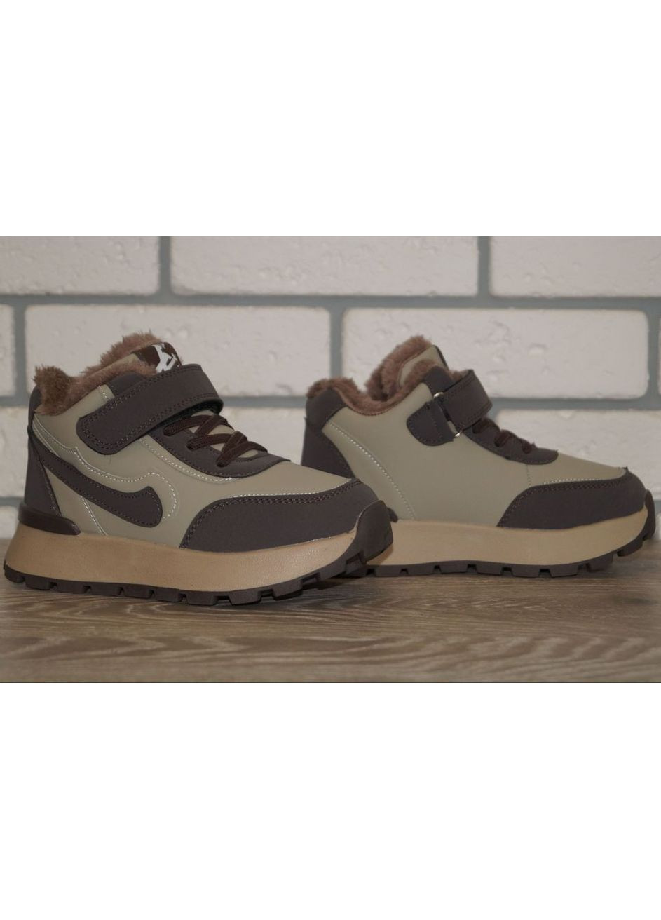Цветные повседневные, кэжуал зимние ботинки зимние детские хаки с коричневым Bessky