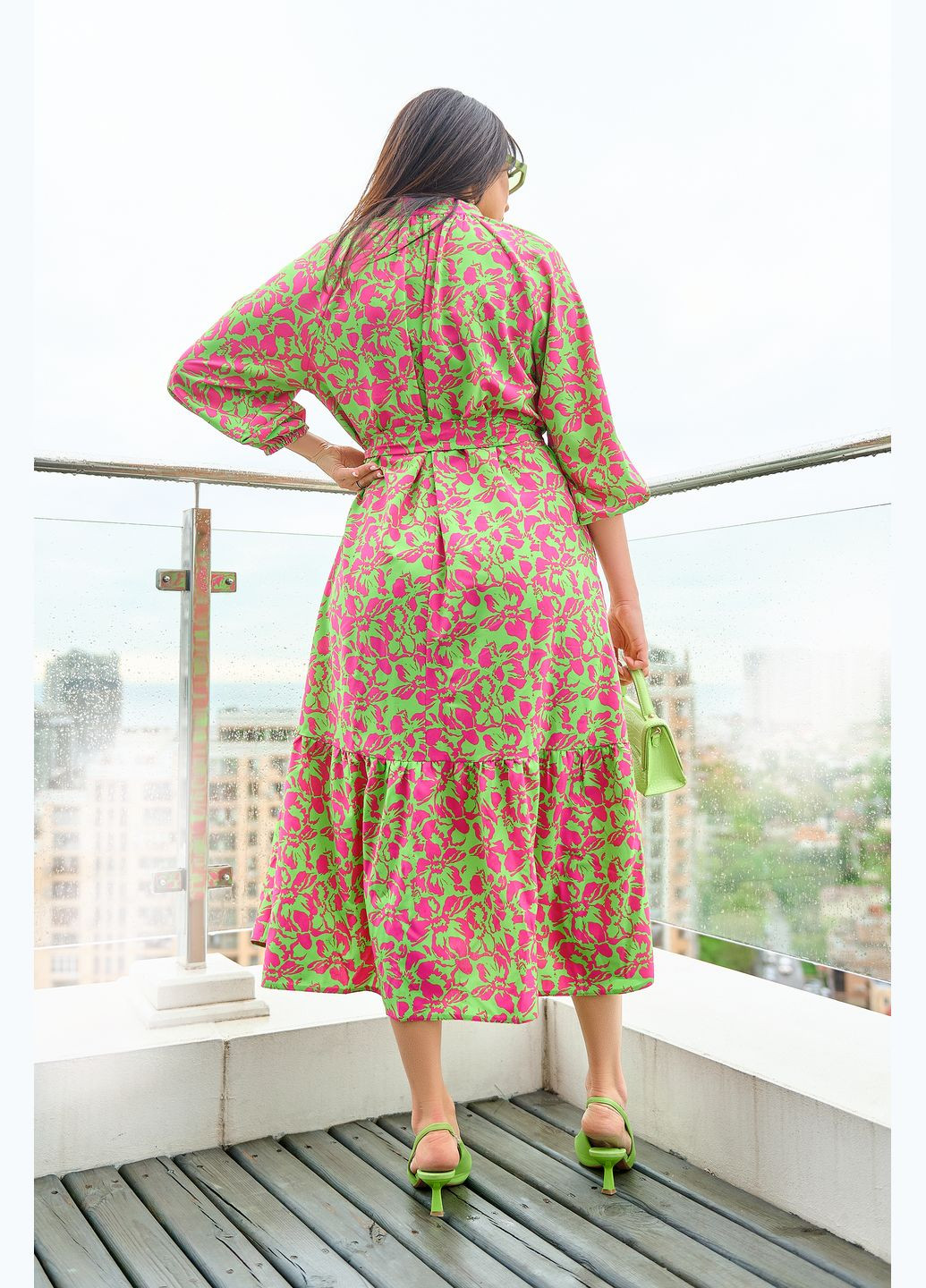 Салатовое кэжуал трендовое платье рубашка No Brand с цветочным принтом