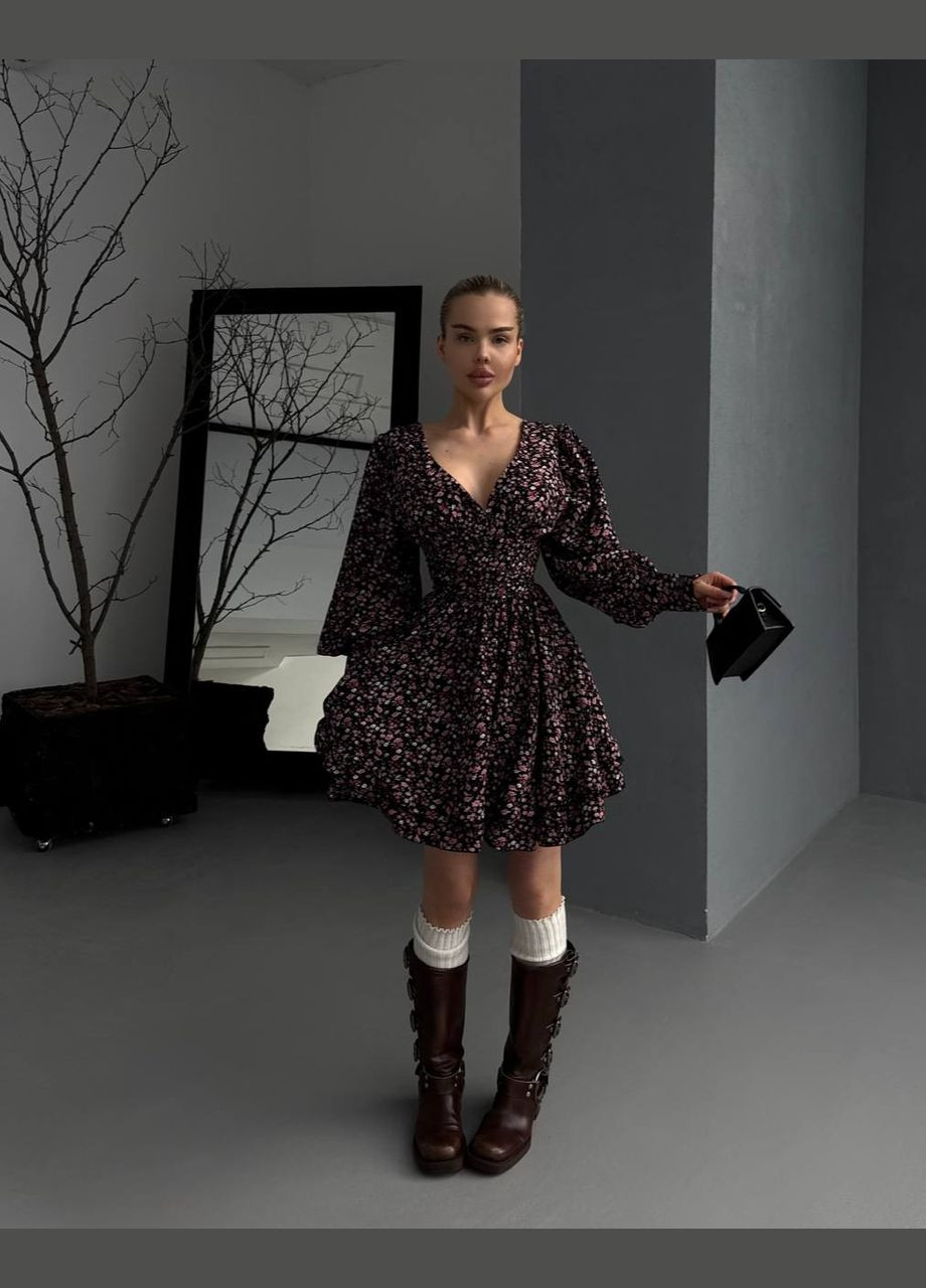 Черное повседневный, кэжуал, коктейльное, вечернее женское платье с юбкой-солнце FINO Mode с цветочным принтом