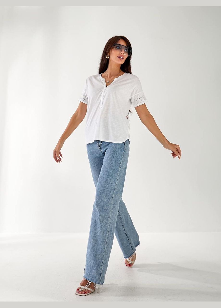 Жіноча бавовняна футболка з камінням на рукавах Fashion - (336214750)