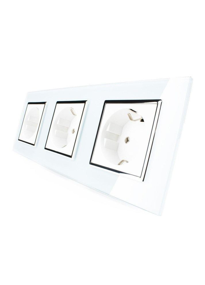 Тройная электрическая розетка с заземлением, белая с хромированной вставкой, стеклянная рамка, шторки, 250В 16А Livolo (372162184)
