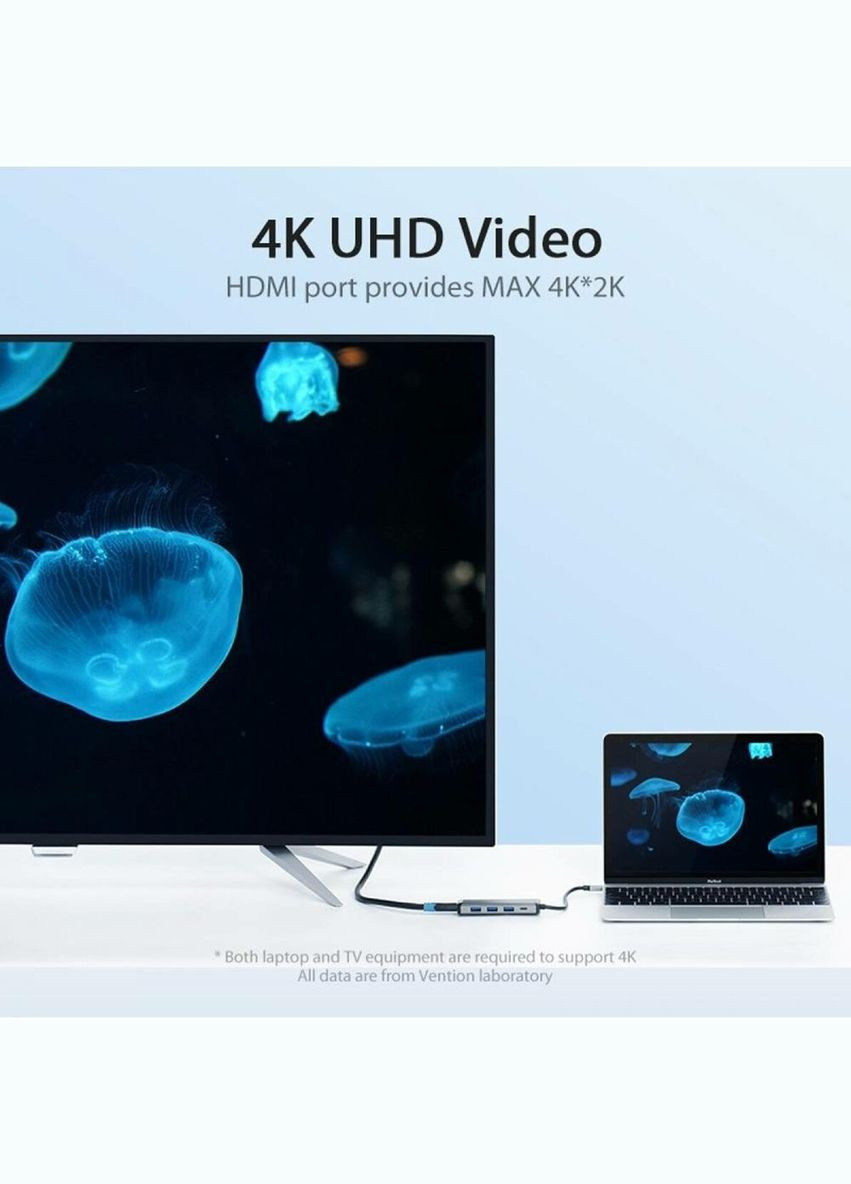 USB-хаб Type-C to HDMI/USB3.0*3/PD Converter 0.15M Gray Metal Type () Vention CNBHB (340279460)