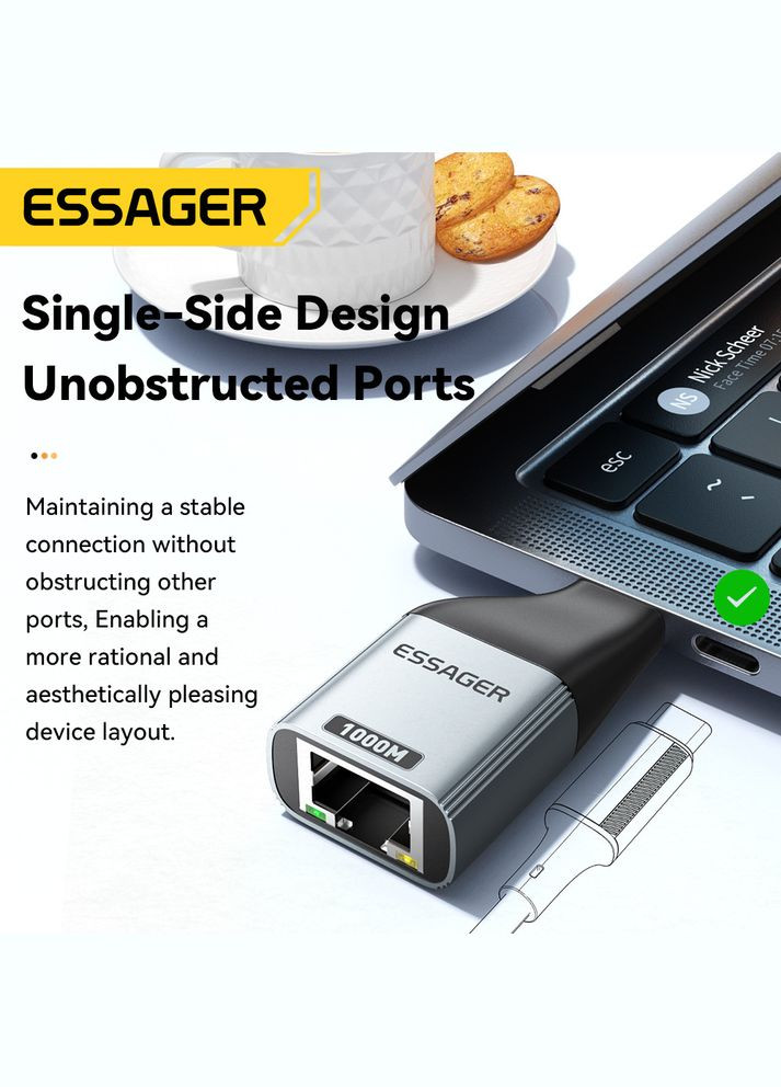 Зовнішня мережева карта / адаптер Llano USB-C 3.0 → Gigabit Ethernet (1000 Мбіт/с) - RJ45 Essager (322033692)
