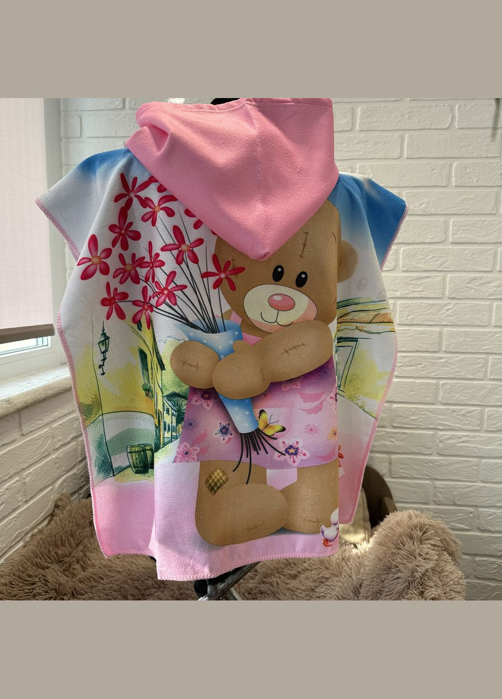 Пончо рушник для дітей блакитного кольору з малюнком. Дитячий рушник-пончо з капюшоном. No Brand (345064734)