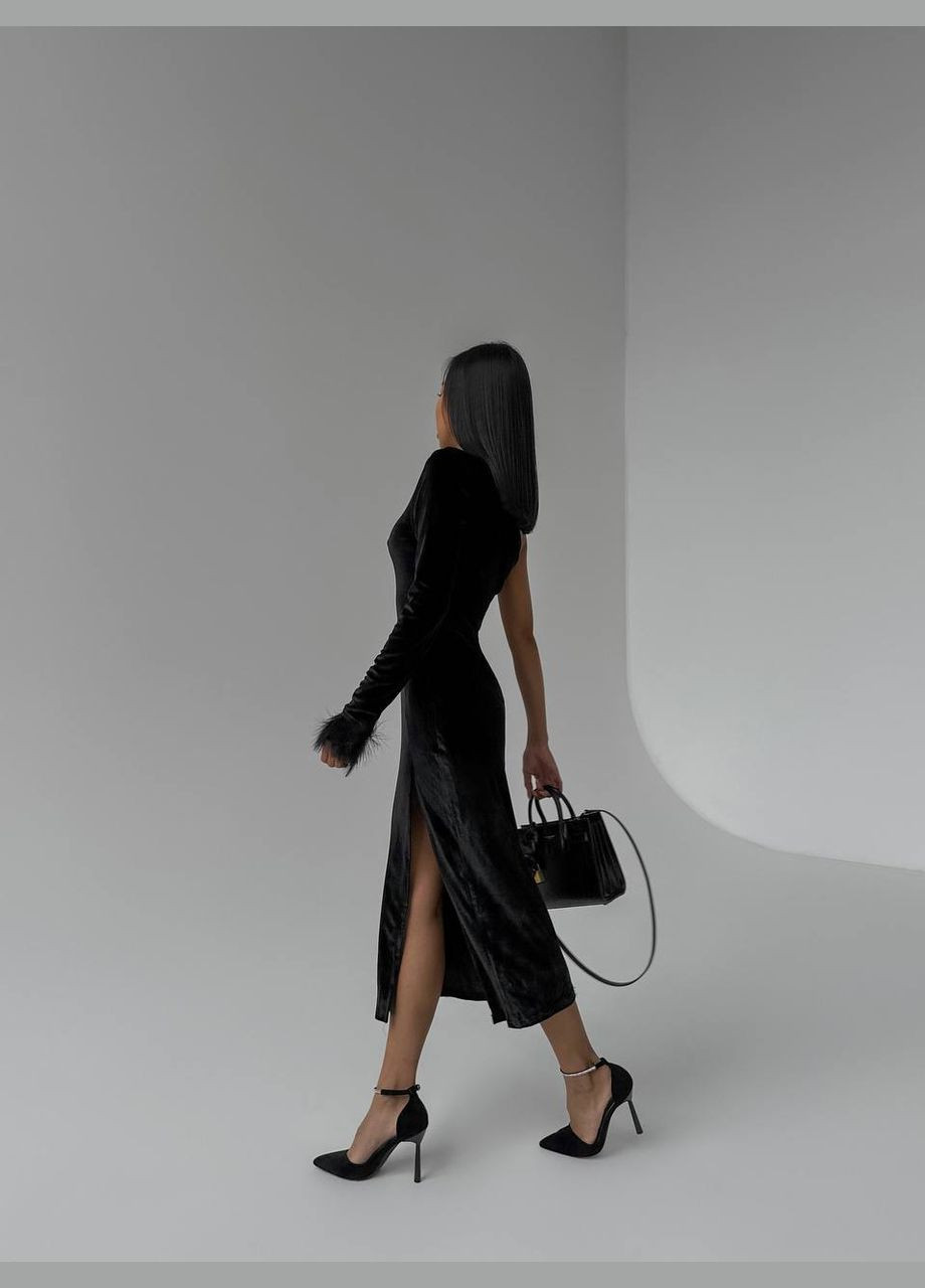 Чорна святковий, вечірня оксамитова жіноча сукня на одне плече з розрізом Avanti однотонна