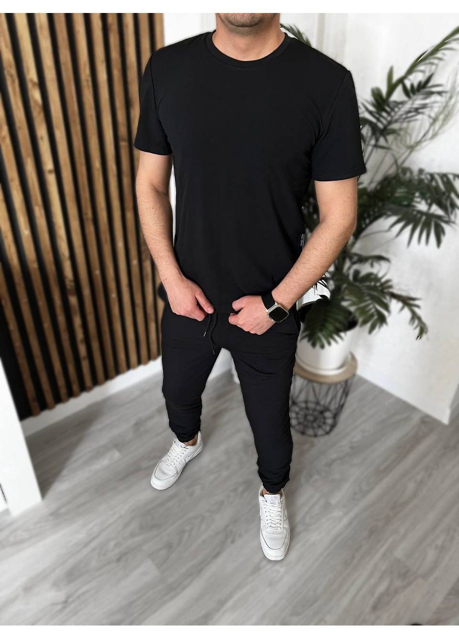Черный демисезонный мужской костюм из двунитки (футболка + штаны) брючный Україна