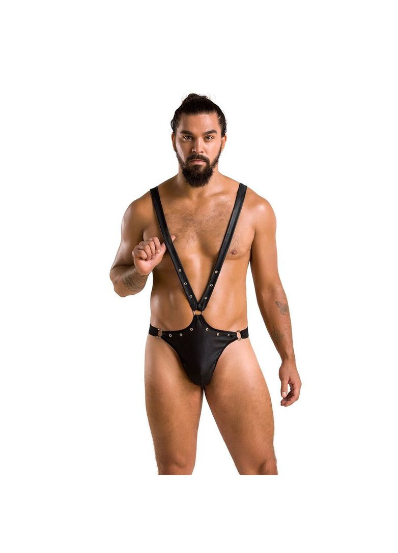 Чоловіче боді з люверсами 028 HARRY L/XL Black, екошкіра, на шлейках Passion (369952023)