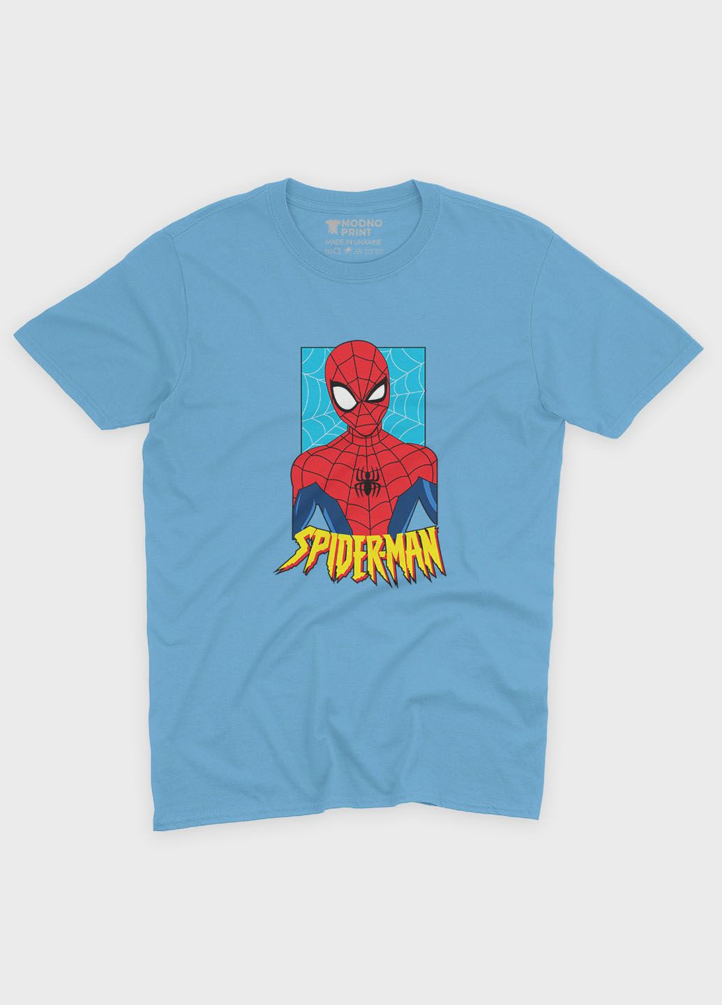 Блакитна демісезонна футболка для хлопчика з принтом супергероя - людина-павук (ts001-1-lbl-006-014-037-b) Modno