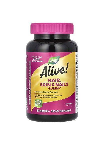 Alive! жевательные таблетки для волос, кожи и ногтей, клубника, 60 таблеток Nature's Way (361858723)