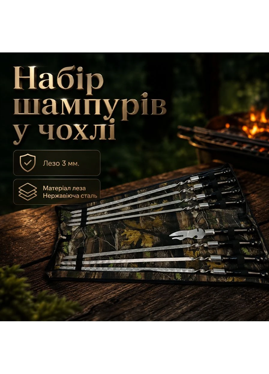 Набор шампуров "BLACK" в чехле - книжке, 7 шампуров из нержавеющей стали и вилка-нож для мяса, набор шампуров для шашлыка No Brand (401309327)