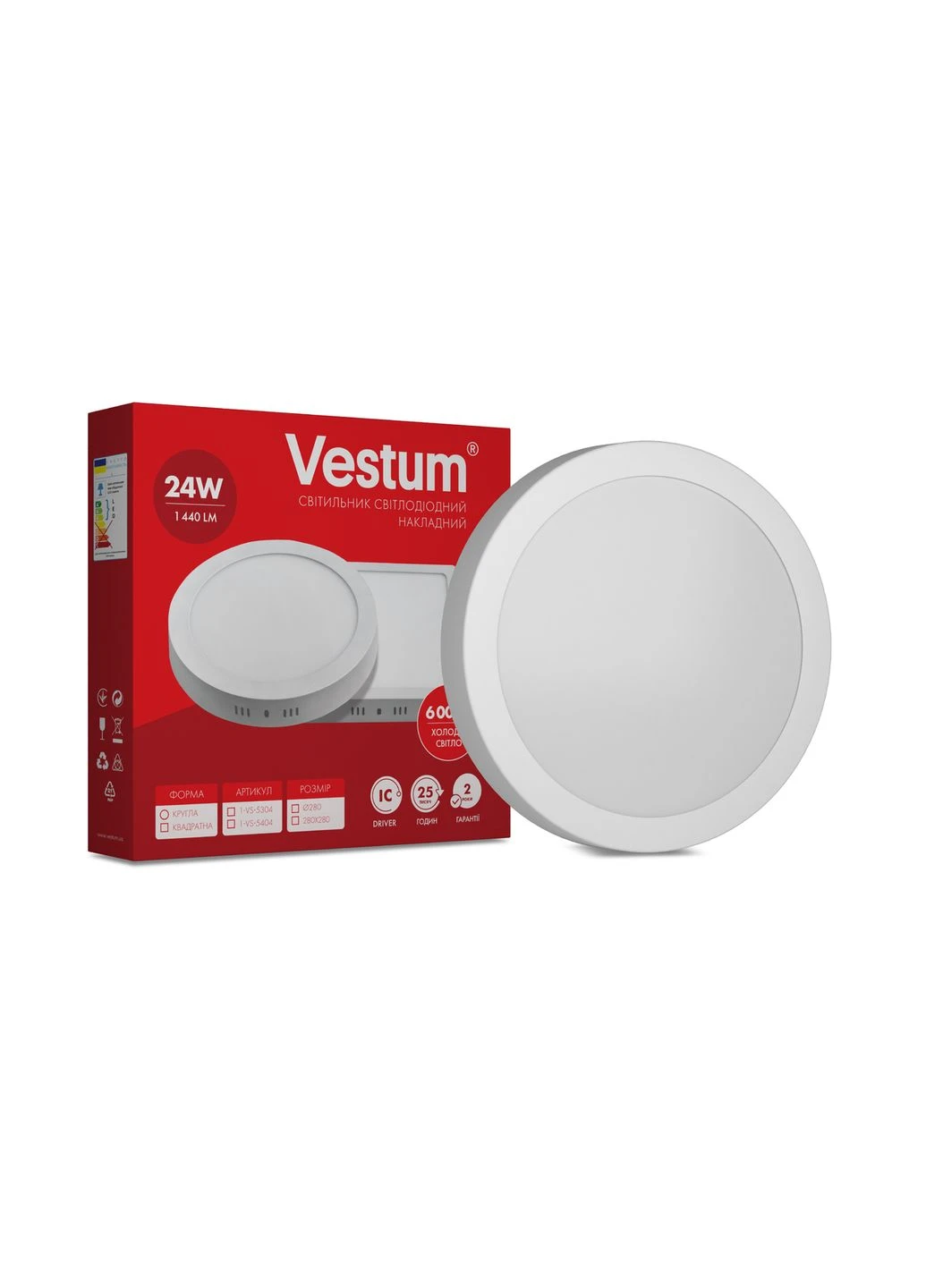 Круглый светодиодный накладной светильник 24W 6000K 220V 1-VS-5304 Vestum (355926865)