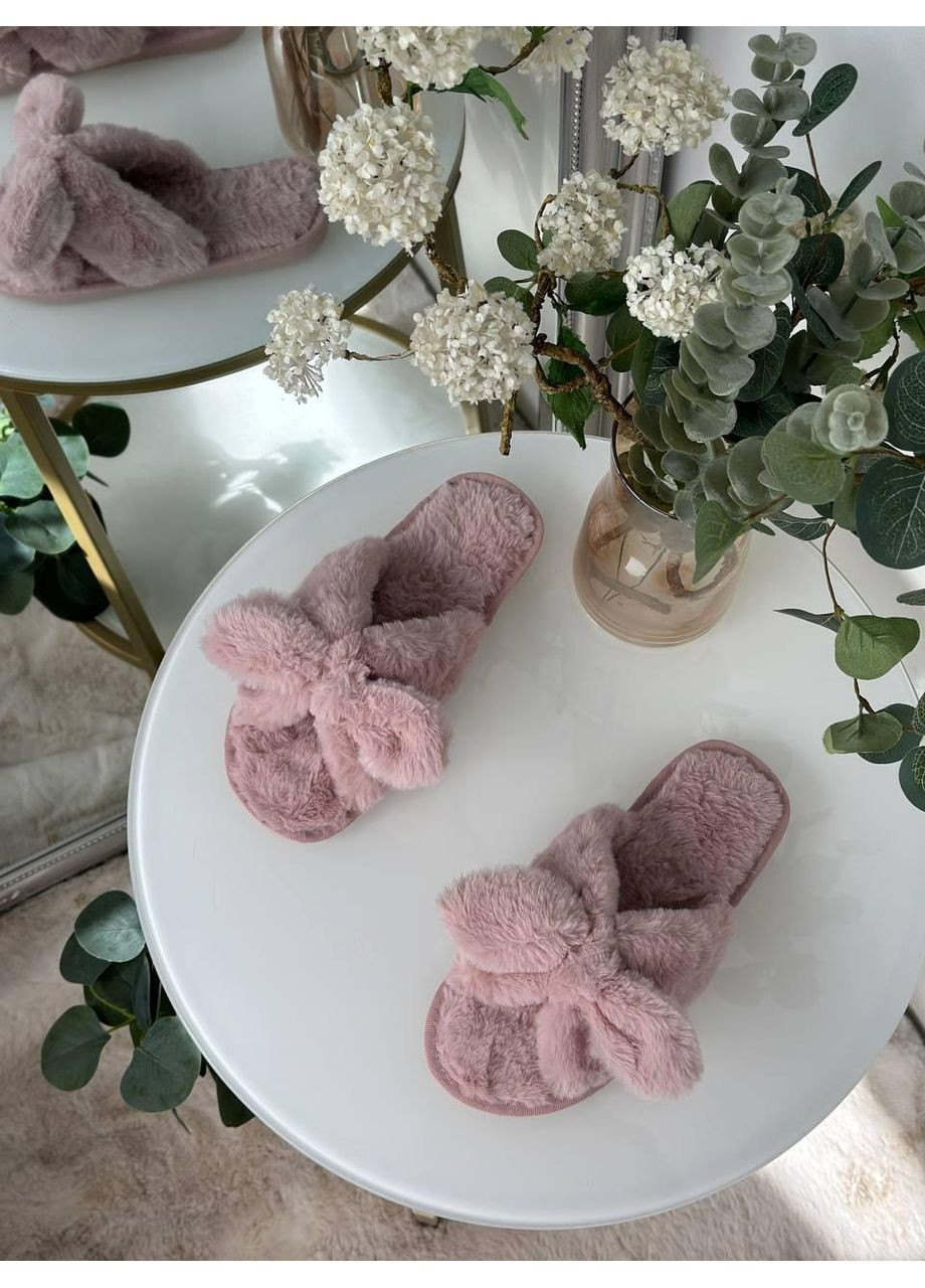 Розовые женские тапки розовые меховые с бантом / домашние тапочки розового цвета из мягкого искусственного меха / уютные женские тапочки No Brand