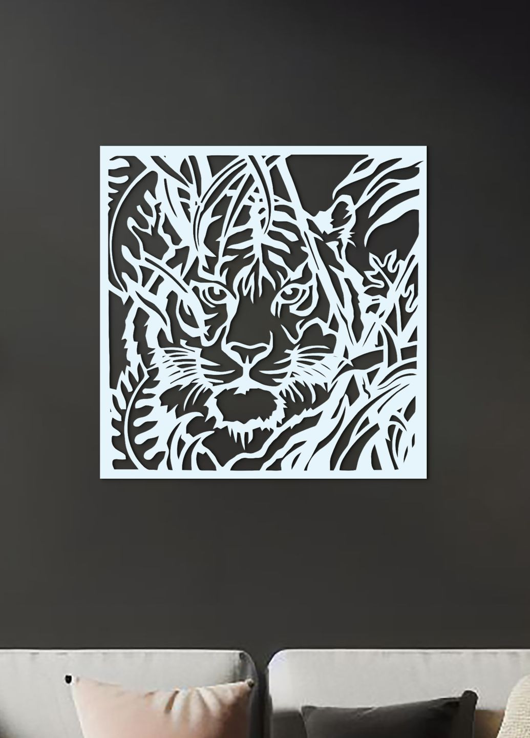 Сучасний декор стін, декоративне панно з дерева "Полювання тигра", інтер'єрна картина 50х53 см Woodyard (292113784)