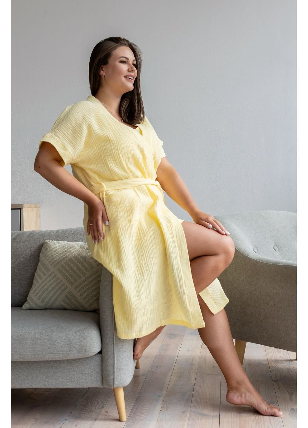 Жовтий демісезонний комплект мусліновий піжама та халат кж1808п жовтий MiaNaGreen