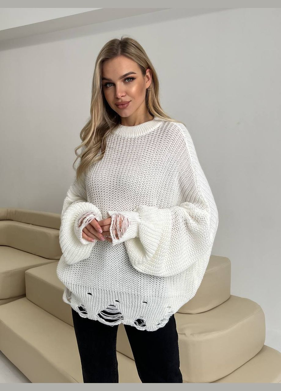 Жіночий светр з дірками молочного кольору р.42/46 407262 New Trend (285711791)