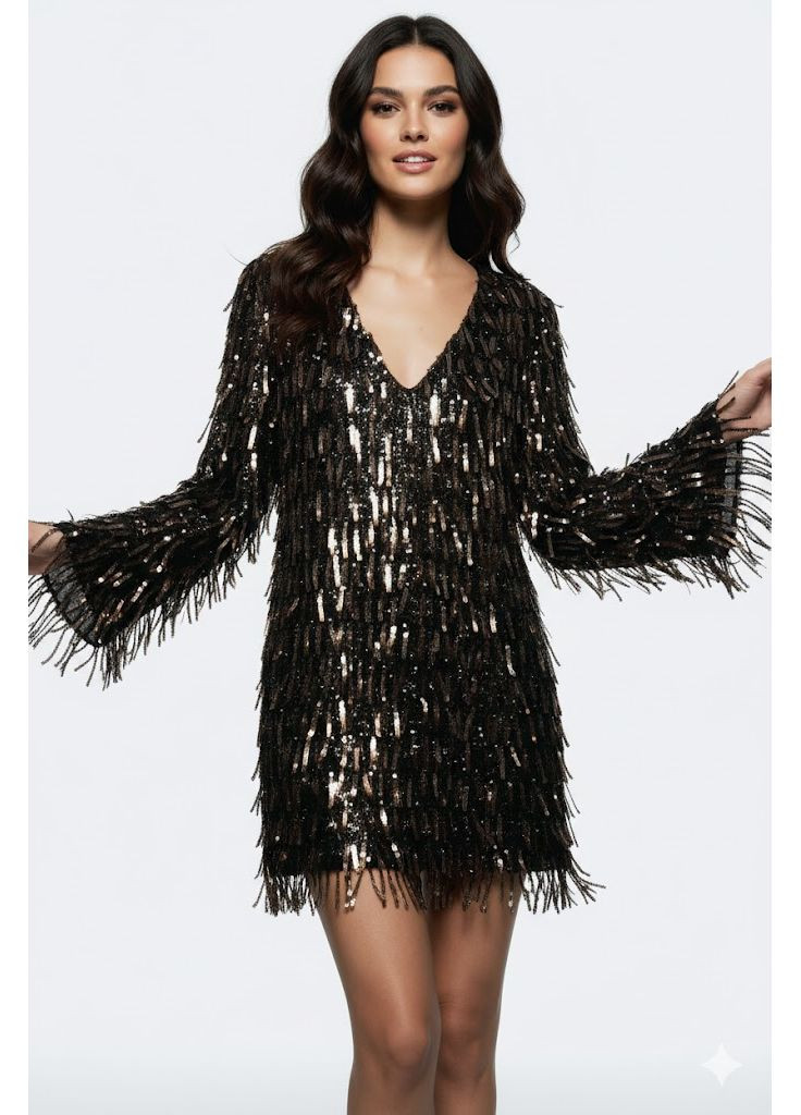 Черное короткое платье с бахромой и блестками Zara