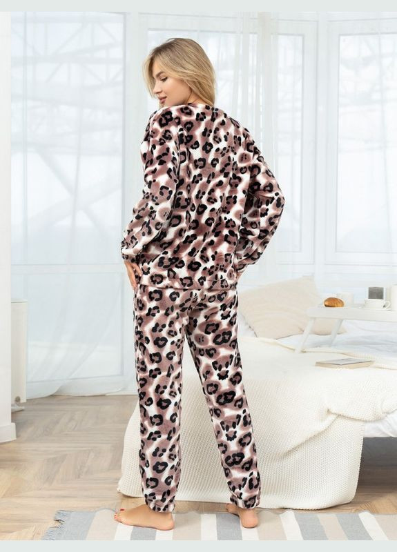 Комбинированная зимняя махровая брючная пижама с животным принтом ISSA PLUS