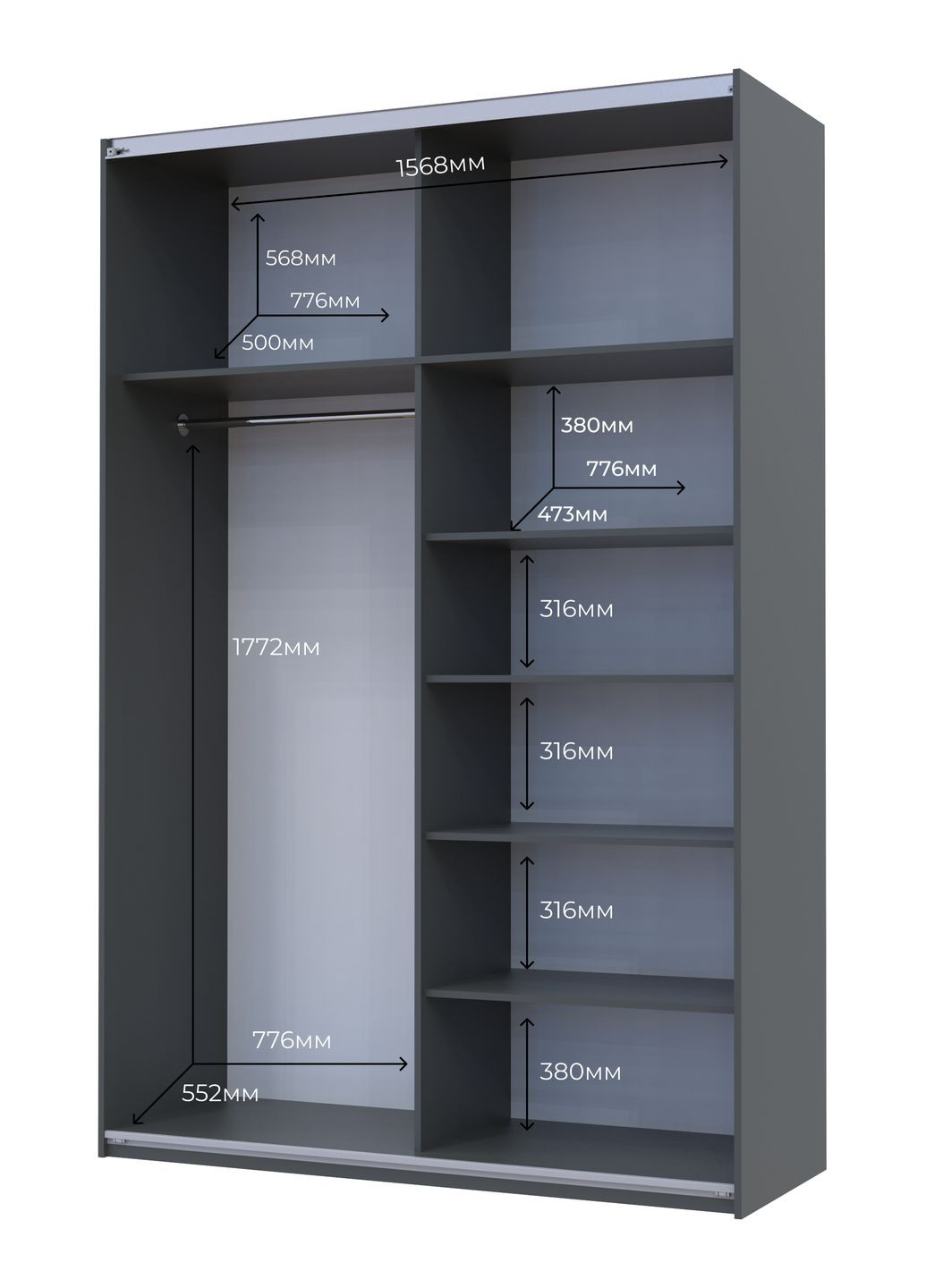 Шкаф-купе двухдверный G-Caiser 160х60х240 см Графит/1 Зеркало (DRS-011032) Doros (361998967)