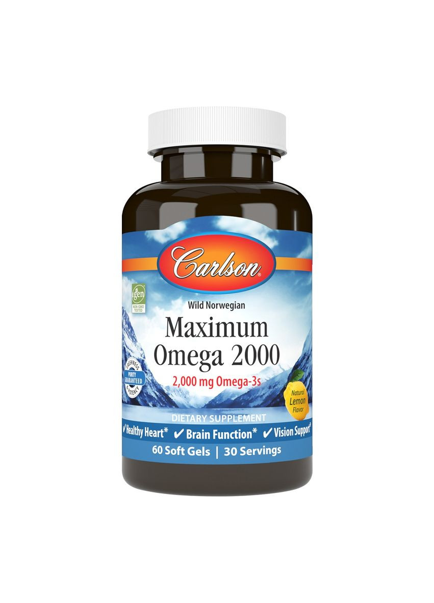 Омега Максимум 2000, Смак Лимона, Maximum Omega 2000,, 60 желатинових капсул Carlson Labs (332998089)