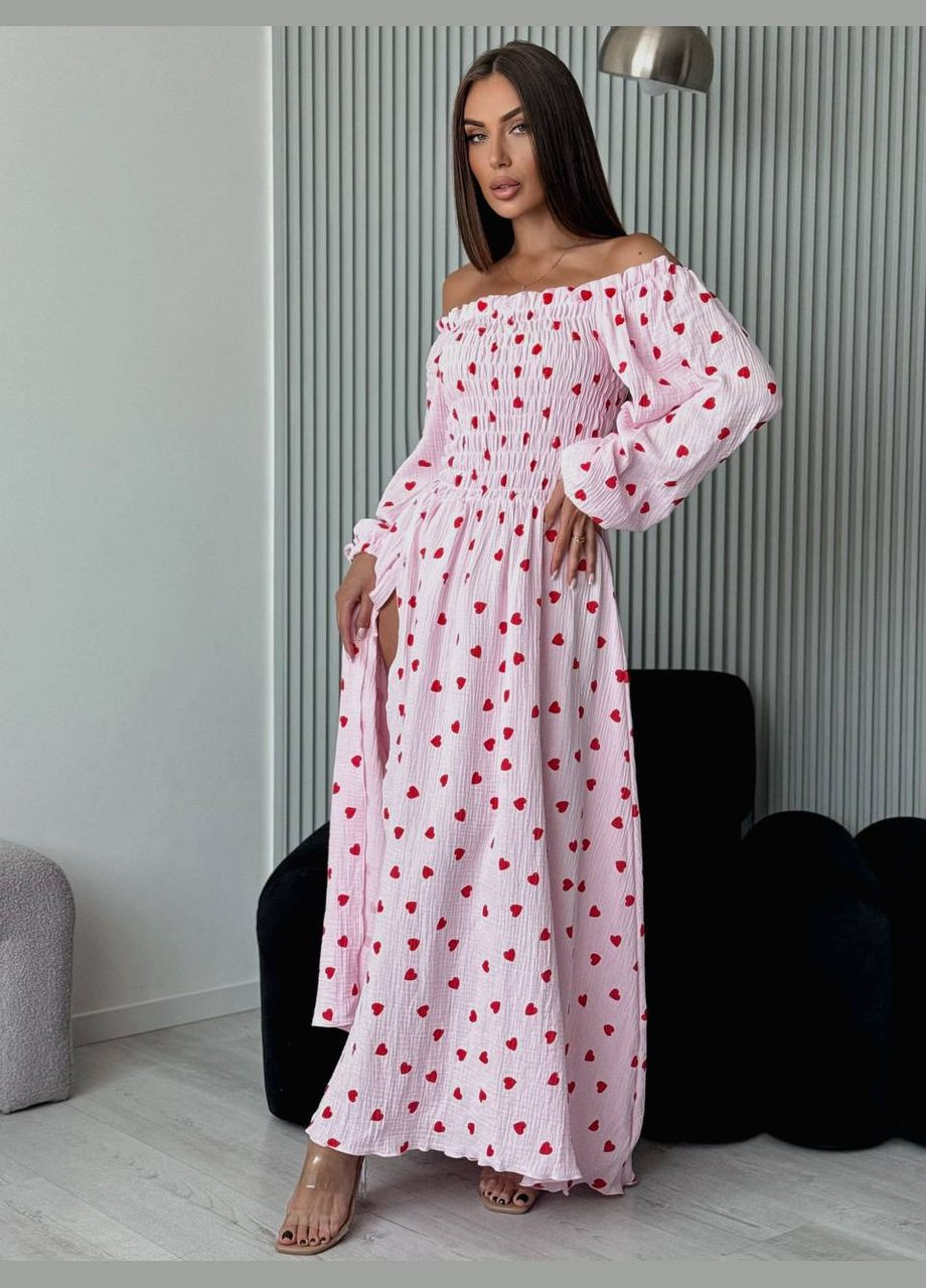 Рожева ніжна муслінова сукня з розрізом No Brand сердечка