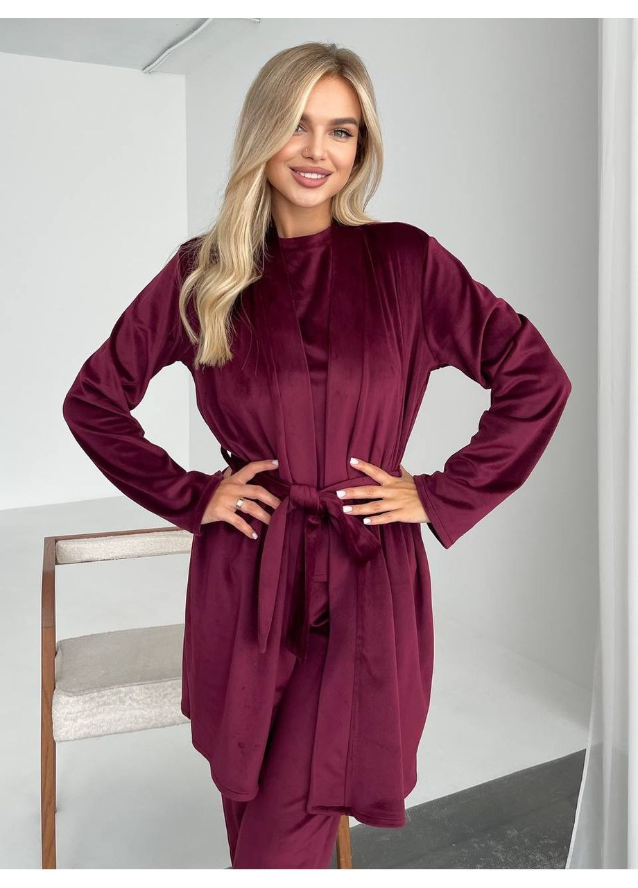 Бордова всесезон велюровий домашній комплект трійка Fashion