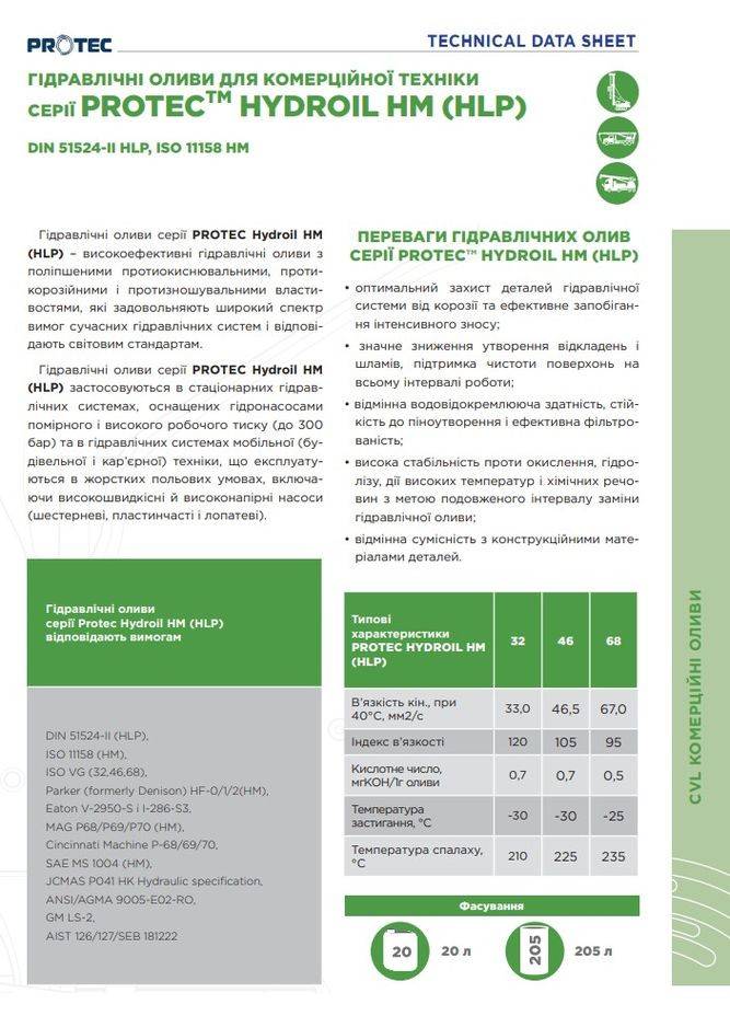 Гидравлическое масло Hydroil HM 32 (20 л) минеральное (41077) Protec (295031443)
