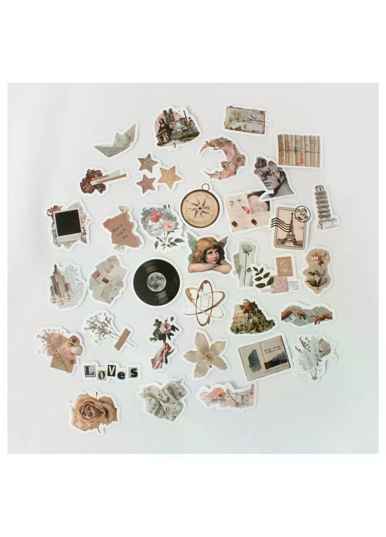 Комплект вінтажних стікерів 30 штучек матові наліпки мистецтво декор для скрапбукінгу колажні естетичний арт стиль ретро класика No Brand (347317430)