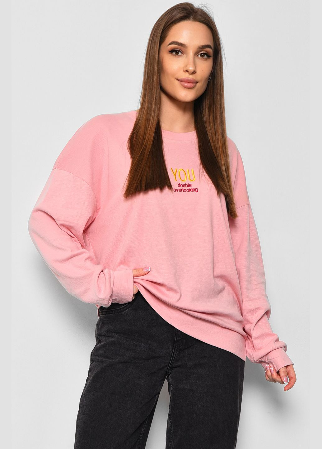 Свитшот женский полубатальный розового цвета Let's Shop - Свободный крой однотонный розовый спортивный хлопок - (289719211)