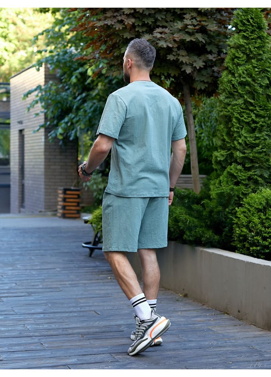 Оливковый демисезонный "linen touch" – мужской костюм из жатого льна - замеры в описании. с рубашкой GD/GL Модний простір