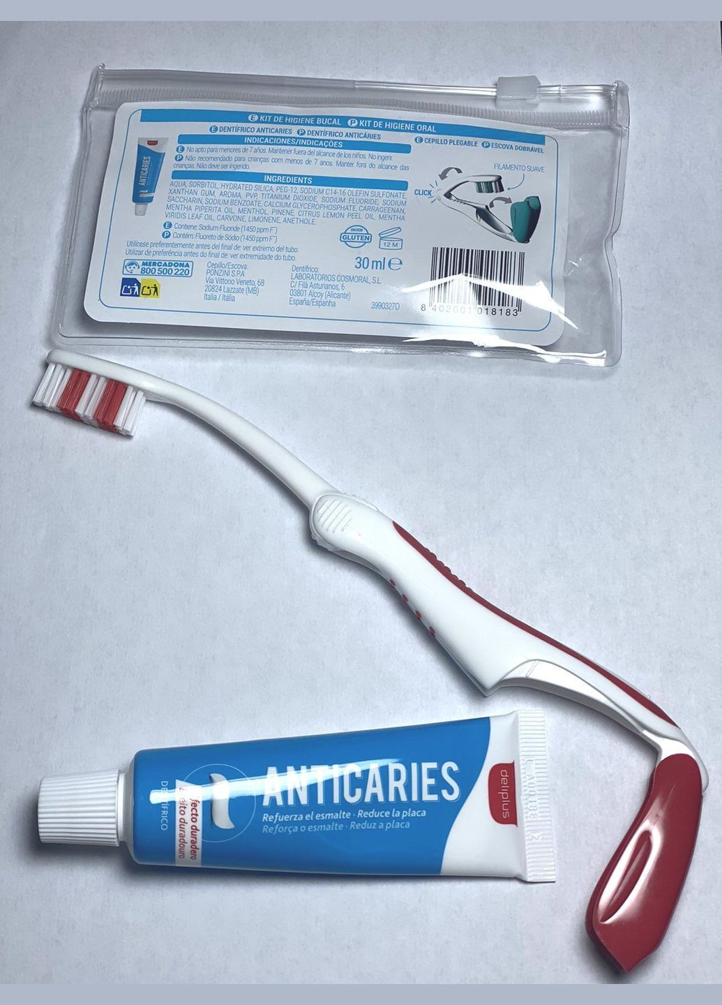 Набір в дорогу складана щітка зубна Червона + зубна паста Anticaries 30 мл. у чохлі Deliplus (287331227)